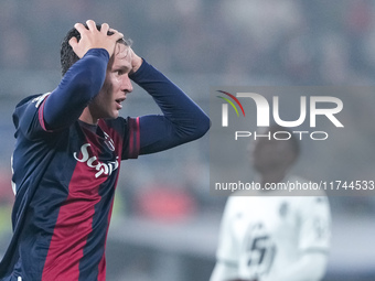 Giovanni Fabbian of Bologna FC looks dejected during the UEFA Champions League 2024/25 League Phase MD4 match between Bologna FC and AS Mona...