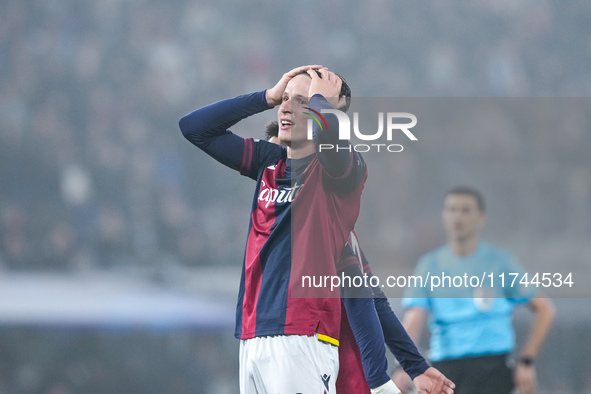 Giovanni Fabbian of Bologna FC looks dejected during the UEFA Champions League 2024/25 League Phase MD4 match between Bologna FC and AS Mona...