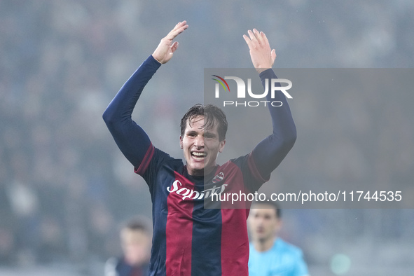 Giovanni Fabbian of Bologna FC reacts during the UEFA Champions League 2024/25 League Phase MD4 match between Bologna FC and AS Monaco at St...