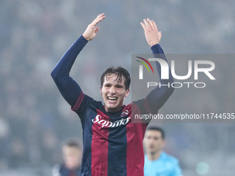 Giovanni Fabbian of Bologna FC reacts during the UEFA Champions League 2024/25 League Phase MD4 match between Bologna FC and AS Monaco at St...