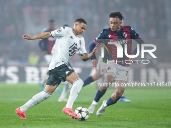 Vanderson of AS Monaco and Dan Ndoye of Bologna FC compete for the ball during the UEFA Champions League 2024/25 League Phase MD4 match betw...