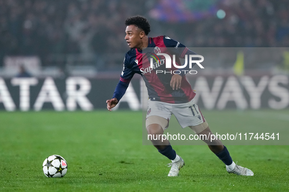 Dan Ndoye of Bologna FC during the UEFA Champions League 2024/25 League Phase MD4 match between Bologna FC and AS Monaco at Stadio Renato Da...