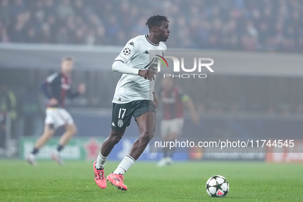 Wilfried Singo of AS Monaco during the UEFA Champions League 2024/25 League Phase MD4 match between Bologna FC and AS Monaco at Stadio Renat...