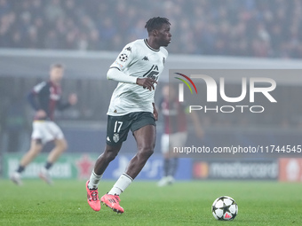 Wilfried Singo of AS Monaco during the UEFA Champions League 2024/25 League Phase MD4 match between Bologna FC and AS Monaco at Stadio Renat...