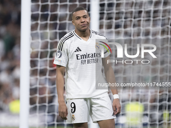 Kylian Mbappe of Real Madrid reacts to a missed opportunity during the UEFA Champions League 2024/25 match between Real Madrid and AC Milan...