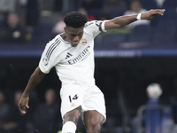 Aurelien Tchouameni of Real Madrid attempts a shot during the UEFA Champions League 2024/25 match between Real Madrid and AC Milan at Santia...