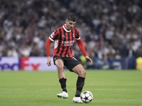 Alvaro Morata of AC Milan is in action during the UEFA Champions League 2024/25 match between Real Madrid and AC Milan at Santiago Bernabeu...