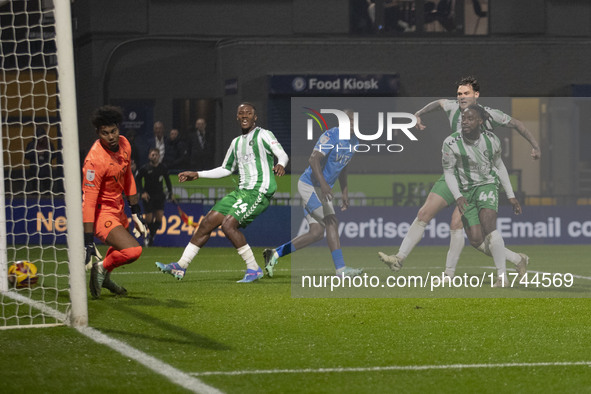 Fred Onyedinma #44 of Wycombe Wanderers F.C. scores a goal during the Sky Bet League 1 match between Stockport County and Wycombe Wanderers...