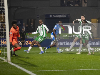 Fred Onyedinma #44 of Wycombe Wanderers F.C. scores a goal during the Sky Bet League 1 match between Stockport County and Wycombe Wanderers...