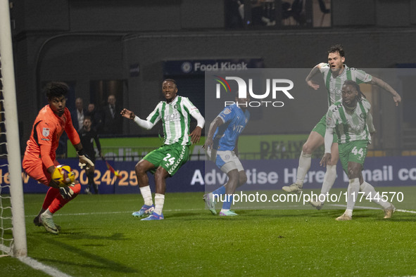 Fred Onyedinma #44 of Wycombe Wanderers F.C. scores a goal during the Sky Bet League 1 match between Stockport County and Wycombe Wanderers...