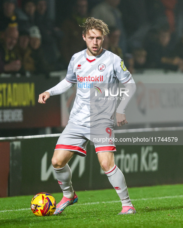 Number 9, Will Swan of Crawley Town, is on the ball during the Sky Bet League 1 match between Burton Albion and Crawley Town at the Pirelli...