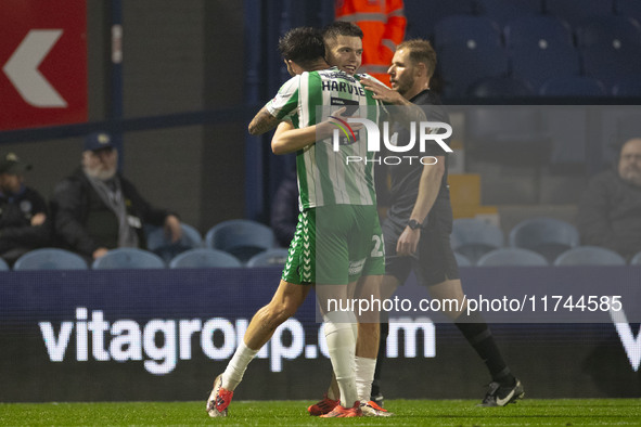 Aaron Morley #28 of Wycombe Wanderers F.C. celebrates his goal during the Sky Bet League 1 match between Stockport County and Wycombe Wander...