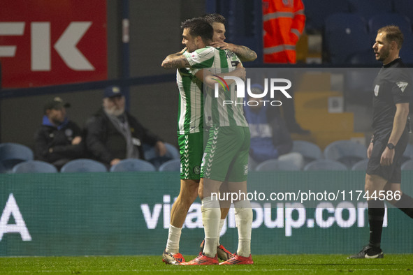 Aaron Morley #28 of Wycombe Wanderers F.C. celebrates his goal during the Sky Bet League 1 match between Stockport County and Wycombe Wander...