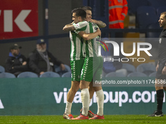 Aaron Morley #28 of Wycombe Wanderers F.C. celebrates his goal during the Sky Bet League 1 match between Stockport County and Wycombe Wander...