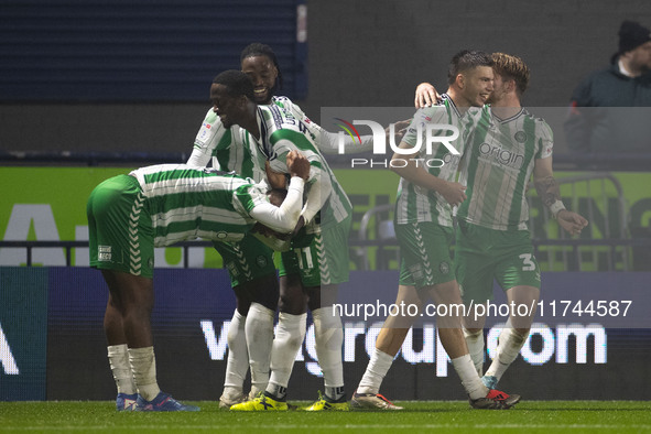 Aaron Morley #28 of Wycombe Wanderers F.C. celebrates his goal during the Sky Bet League 1 match between Stockport County and Wycombe Wander...