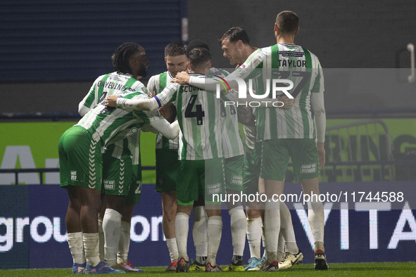 Aaron Morley #28 of Wycombe Wanderers F.C. celebrates his goal during the Sky Bet League 1 match between Stockport County and Wycombe Wander...