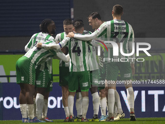 Aaron Morley #28 of Wycombe Wanderers F.C. celebrates his goal during the Sky Bet League 1 match between Stockport County and Wycombe Wander...