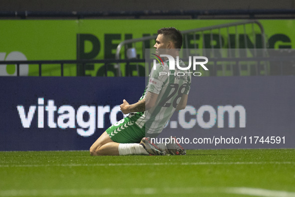 Aaron Morley #28 of Wycombe Wanderers F.C. celebrates his goal during the Sky Bet League 1 match between Stockport County and Wycombe Wander...