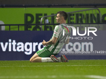 Aaron Morley #28 of Wycombe Wanderers F.C. celebrates his goal during the Sky Bet League 1 match between Stockport County and Wycombe Wander...