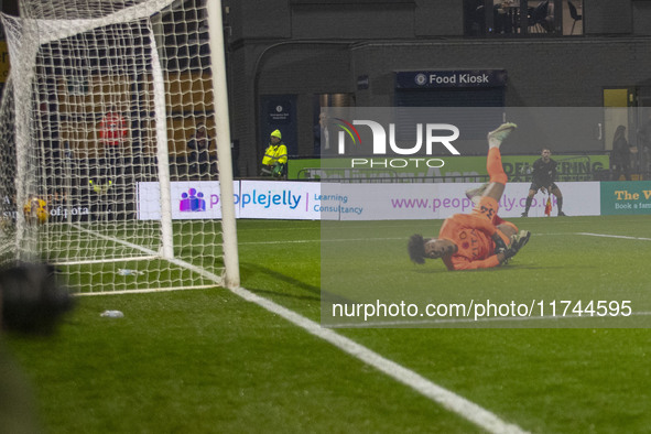 Corey Addai #34 of Stockport County F.C. concedes a goal during the Sky Bet League 1 match between Stockport County and Wycombe Wanderers at...