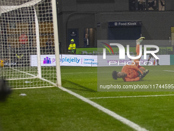 Corey Addai #34 of Stockport County F.C. concedes a goal during the Sky Bet League 1 match between Stockport County and Wycombe Wanderers at...