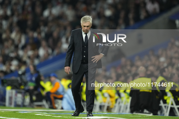 Carlo Ancelotti head coach of Real Madrid reacts during the UEFA Champions League 2024/25 League Phase MD4 match between Real Madrid C.F. an...