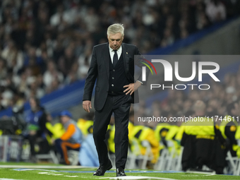 Carlo Ancelotti head coach of Real Madrid reacts during the UEFA Champions League 2024/25 League Phase MD4 match between Real Madrid C.F. an...