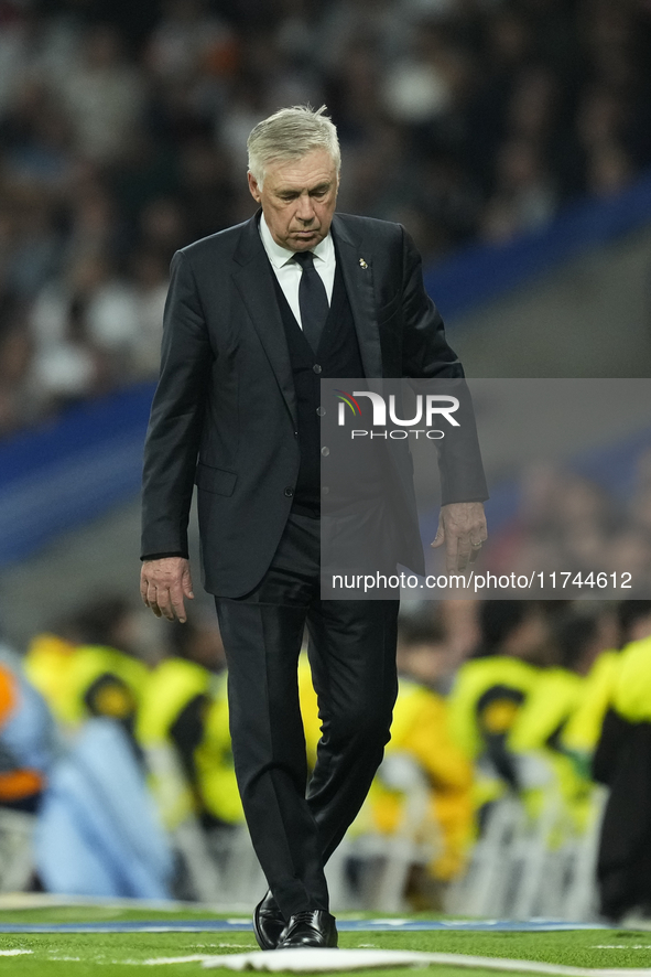 Carlo Ancelotti head coach of Real Madrid reacts during the UEFA Champions League 2024/25 League Phase MD4 match between Real Madrid C.F. an...