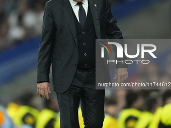 Carlo Ancelotti head coach of Real Madrid reacts during the UEFA Champions League 2024/25 League Phase MD4 match between Real Madrid C.F. an...