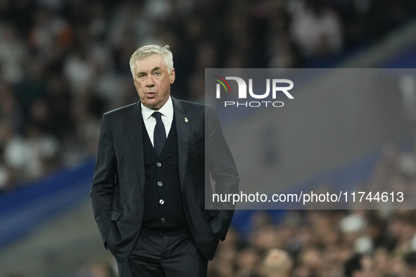 Carlo Ancelotti head coach of Real Madrid reacts during the UEFA Champions League 2024/25 League Phase MD4 match between Real Madrid C.F. an...