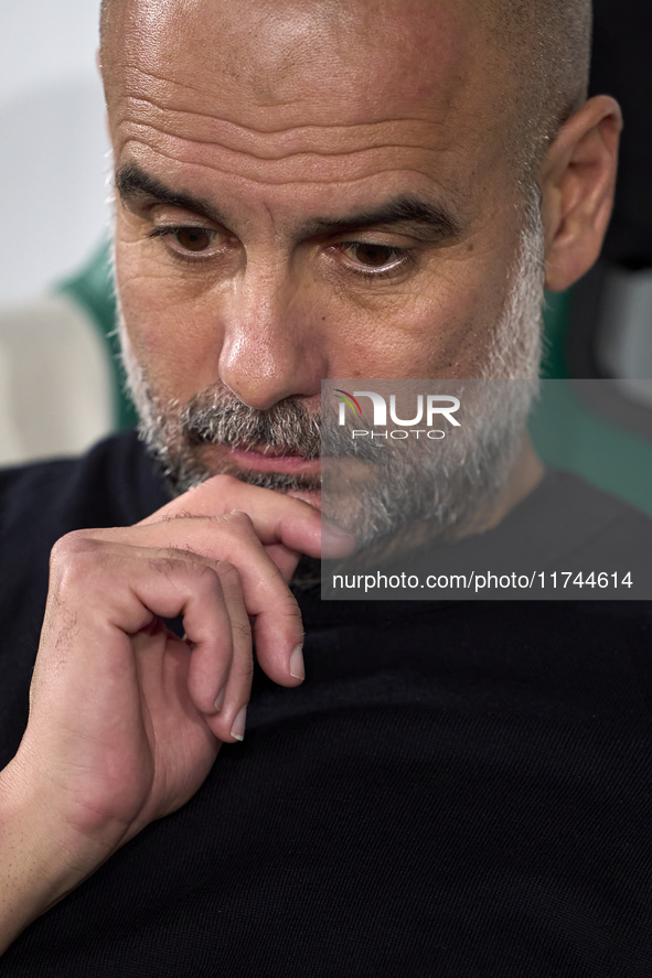 Pep Guardiola, Head Coach of Manchester City, reacts before the UEFA Champions League match between Sporting CP and Manchester City at Jose...