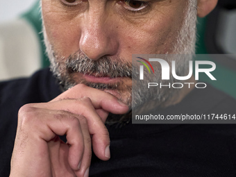 Pep Guardiola, Head Coach of Manchester City, reacts before the UEFA Champions League match between Sporting CP and Manchester City at Jose...