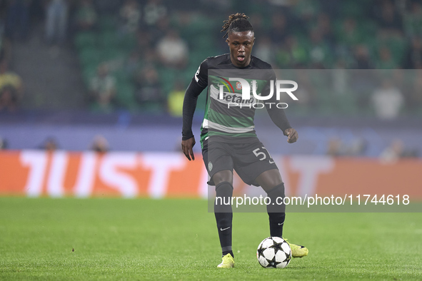 Geovany Quenda of Sporting CP is in action during the UEFA Champions League match between Sporting CP and Manchester City at Jose Alvalade S...