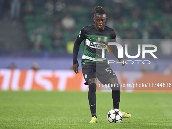 Geovany Quenda of Sporting CP is in action during the UEFA Champions League match between Sporting CP and Manchester City at Jose Alvalade S...