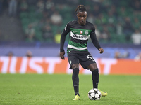 Geovany Quenda of Sporting CP is in action during the UEFA Champions League match between Sporting CP and Manchester City at Jose Alvalade S...