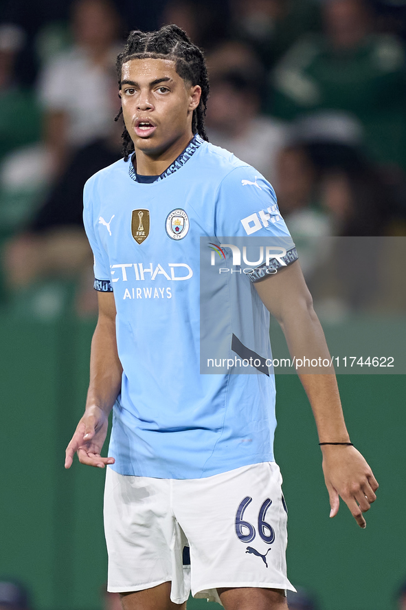 Jahmai Simpson-Pusey of Manchester City looks on during the UEFA Champions League match between Sporting CP and Manchester City at Jose Alva...