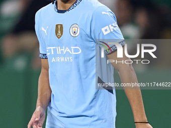 Jahmai Simpson-Pusey of Manchester City looks on during the UEFA Champions League match between Sporting CP and Manchester City at Jose Alva...