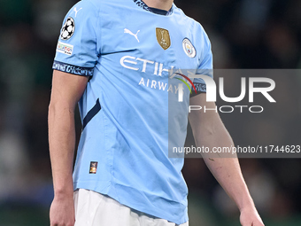 Erling Haaland of Manchester City reacts after missing a penalty kick during the UEFA Champions League match between Sporting CP and Manches...