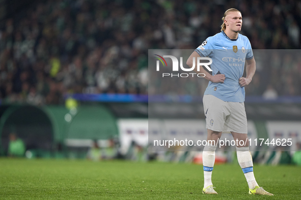 Erling Haaland of Manchester City reacts after missing a penalty kick during the UEFA Champions League match between Sporting CP and Manches...