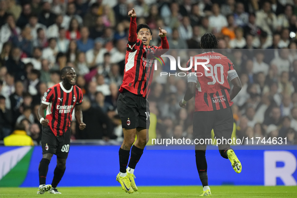 Tijjani Reijnders central midfield of AC Milan and Netherlands celebrates after scoring his sides first goal during the UEFA Champions Leagu...