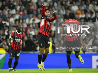 Tijjani Reijnders central midfield of AC Milan and Netherlands celebrates after scoring his sides first goal during the UEFA Champions Leagu...