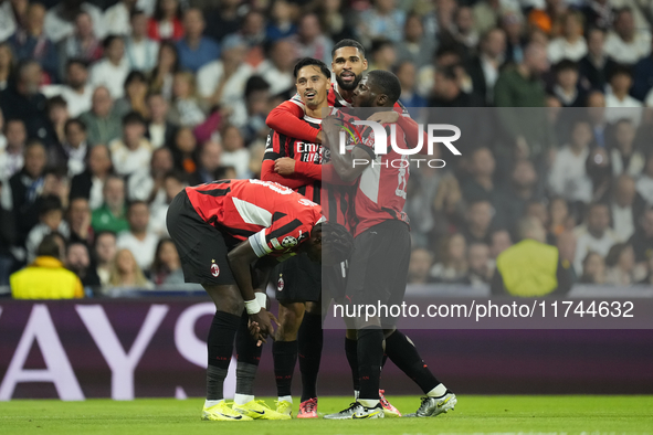 Tijjani Reijnders central midfield of AC Milan and Netherlands celebrates after scoring his sides first goal during the UEFA Champions Leagu...