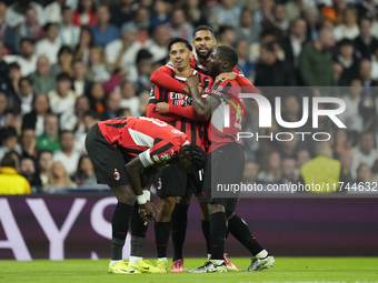 Tijjani Reijnders central midfield of AC Milan and Netherlands celebrates after scoring his sides first goal during the UEFA Champions Leagu...