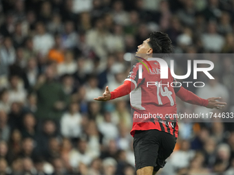 Tijjani Reijnders central midfield of AC Milan and Netherlands celebrates after scoring his sides first goal during the UEFA Champions Leagu...