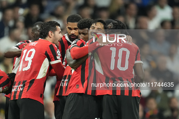 Tijjani Reijnders central midfield of AC Milan and Netherlands celebrates after scoring his sides first goal during the UEFA Champions Leagu...