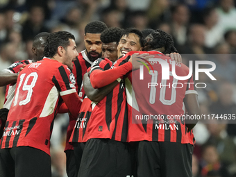 Tijjani Reijnders central midfield of AC Milan and Netherlands celebrates after scoring his sides first goal during the UEFA Champions Leagu...