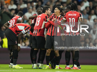 Tijjani Reijnders central midfield of AC Milan and Netherlands celebrates after scoring his sides first goal during the UEFA Champions Leagu...