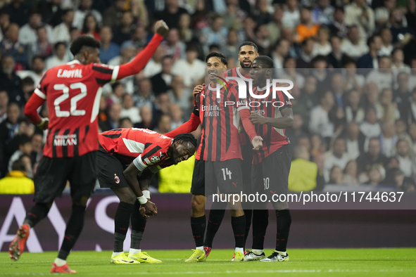 Tijjani Reijnders central midfield of AC Milan and Netherlands celebrates after scoring his sides first goal during the UEFA Champions Leagu...