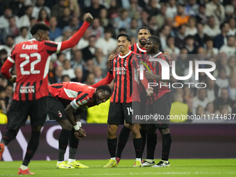 Tijjani Reijnders central midfield of AC Milan and Netherlands celebrates after scoring his sides first goal during the UEFA Champions Leagu...