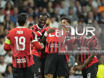 Tijjani Reijnders central midfield of AC Milan and Netherlands celebrates after scoring his sides first goal during the UEFA Champions Leagu...